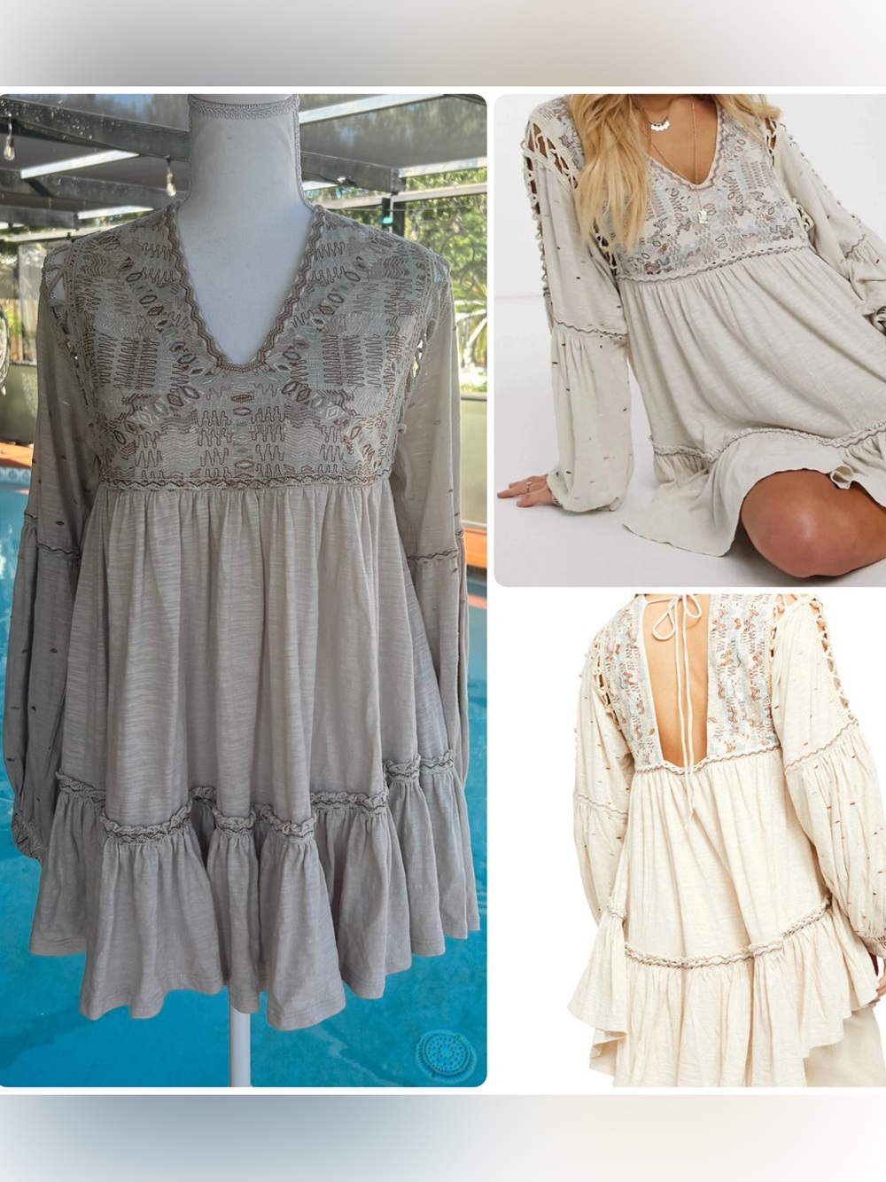 Free People Much Love Tunic Top Boho Crochet Knit  Light Beige balloon sleeves
